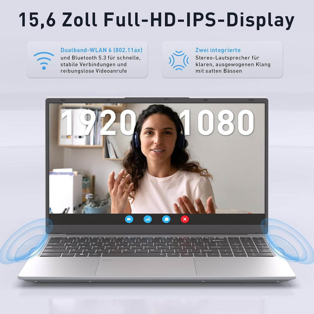 Auusda Laptop 15,6 Zoll Notebook, 16GB DDR4 RAM 512GB SSD, 3250C Prozessor, Fingerabdrucksensor, bel
