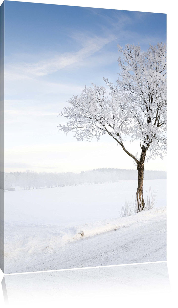 Pixxprint Baum im Schnee, Format: 100x70 auf Leinwand, XXL riesige Bilder fertig gerahmt mit Keilrah