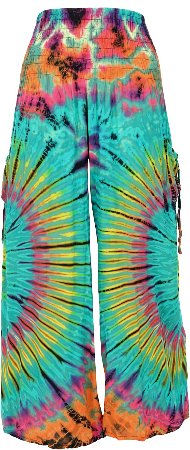 GURU SHOP Farbenfrohe Batikhose, Palazzohose, Weite Sommerhose, Damen, Synthetisch 36 Türkisgrün, 36