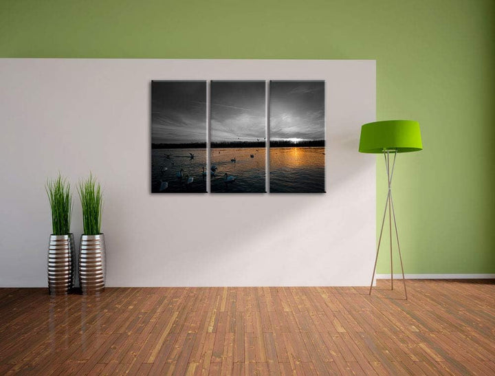 Weisse Schwäne im Sonnenuntergang schwarz/weiss 3-Teiler Leinwandbild 120x80 Bild auf Leinwand, XXL