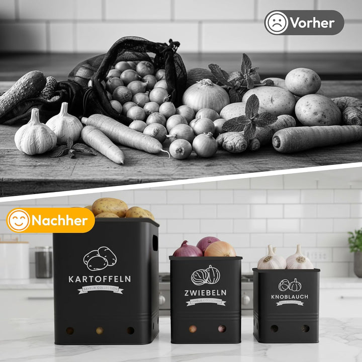 AH® klein Kartoffel Aufbewahrungsbox inkl. Gemüsebürste [3er Set] - Hält Gemüse Länger Frisch - Idea