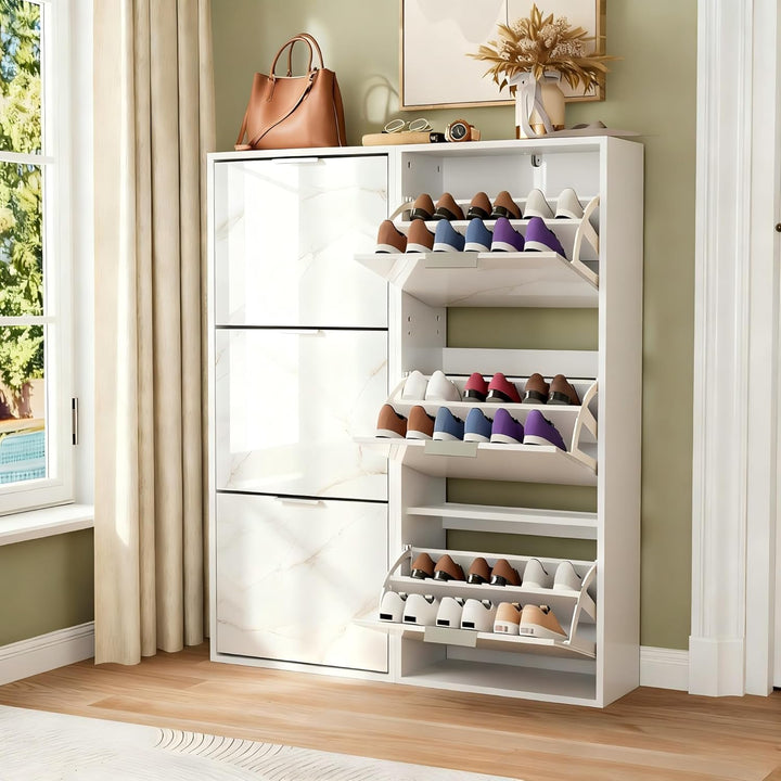 UEV Schuhschrank mit 3 Klappen Holz Schmal Marmormuster Schuhkipper Schuhkommode mit Kippschutz, Sch