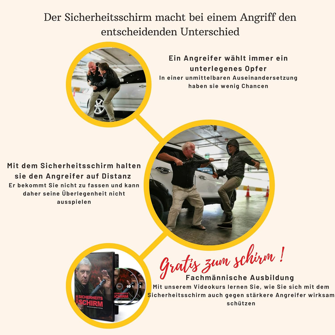 Sicherheitsschirmit Videokurs | Verteidigungs Abwehr Schirm | Selbstverteidigung | 3 Grössen Rundhak