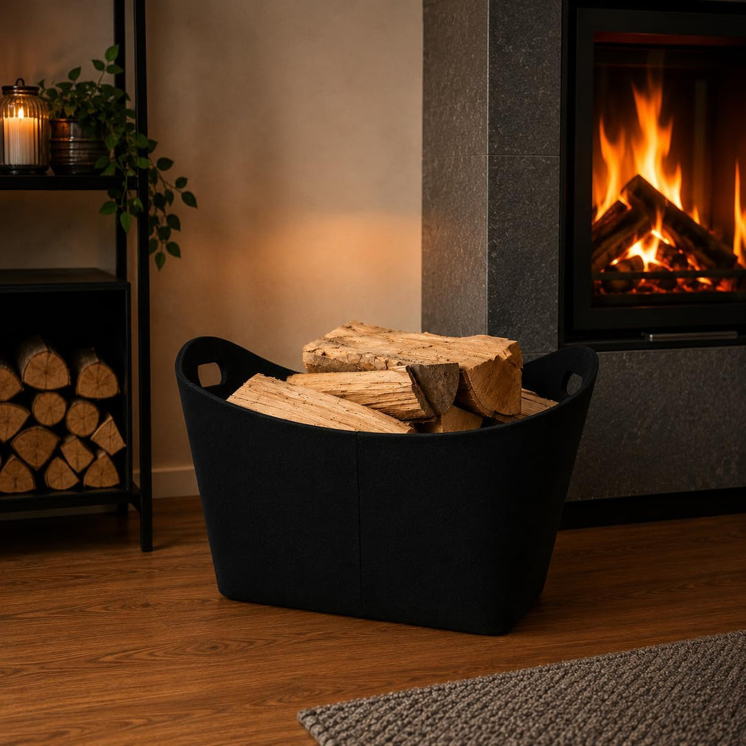 Hochwertiger Filzkorb schwarz - Aufbewahrung für Holz - Premium Qualität Brennholz Korb aus Filz – s