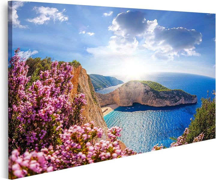 islandburner Bild auf Leinwand Navagio Strand Schiffswrack Blumen Blauer Himmel Insel Zakynthos Grie
