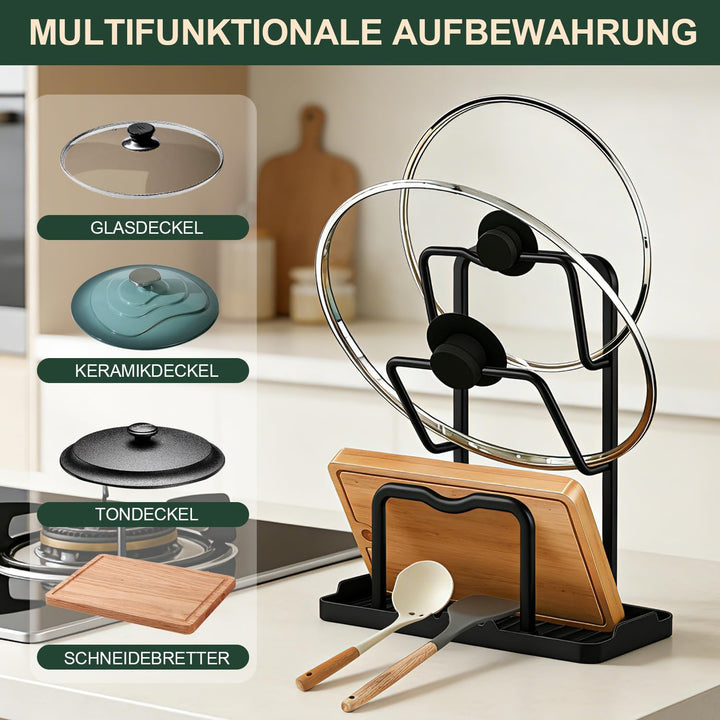 Topfdeckel Organizer Küchenregal mit Löffelablage: 2-in-1-Design Topfdeckelhalter Aufbewahrungsregal