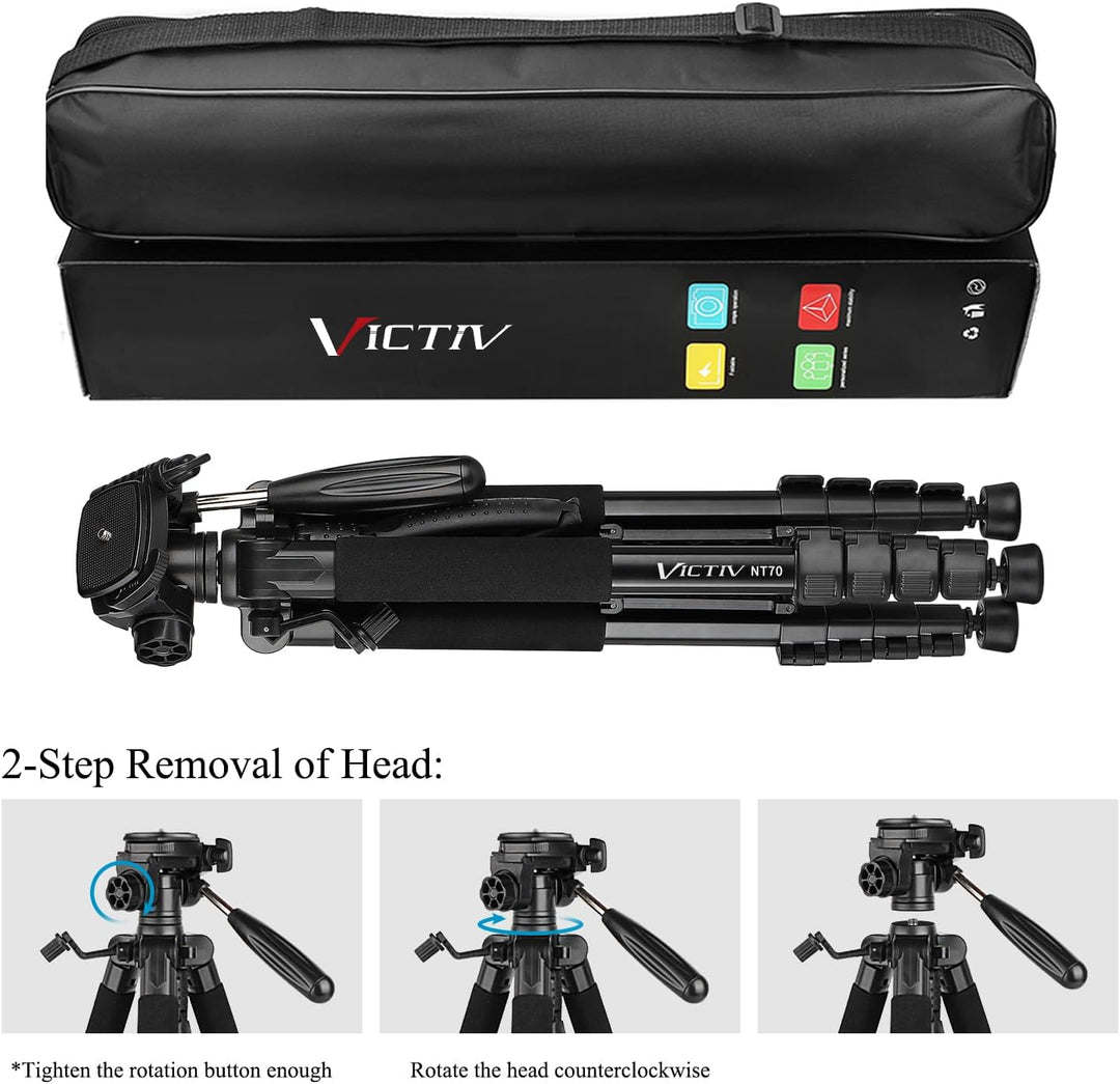Victiv Kamera Stativ mit 52–160-185cm Höhe, leichtes Camera Tripod mit Abnehmbar 3-Wege-Kopf, Alumin