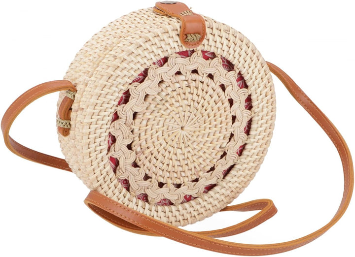 GURU SHOP Geflochtene Handtasche, Korbtasche, Rattantasche, Balitasche Rund - Modell 1, 20x20x7 cm,