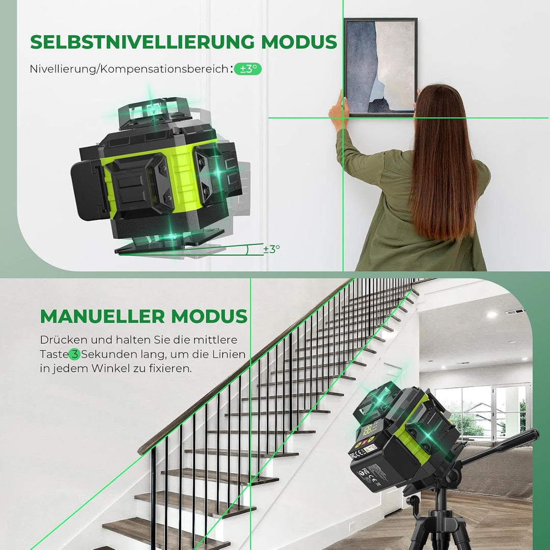 Kreuzlinienlaser Grün 16 Linien Nivellierlaser mit Stativ, 4 x 360 ° Laser wasserwaage, linienlaser