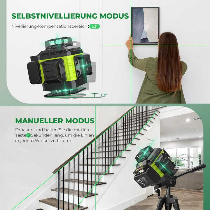 Kreuzlinienlaser Grün 16 Linien Nivellierlaser mit Stativ, 4 x 360 ° Laser wasserwaage, linienlaser