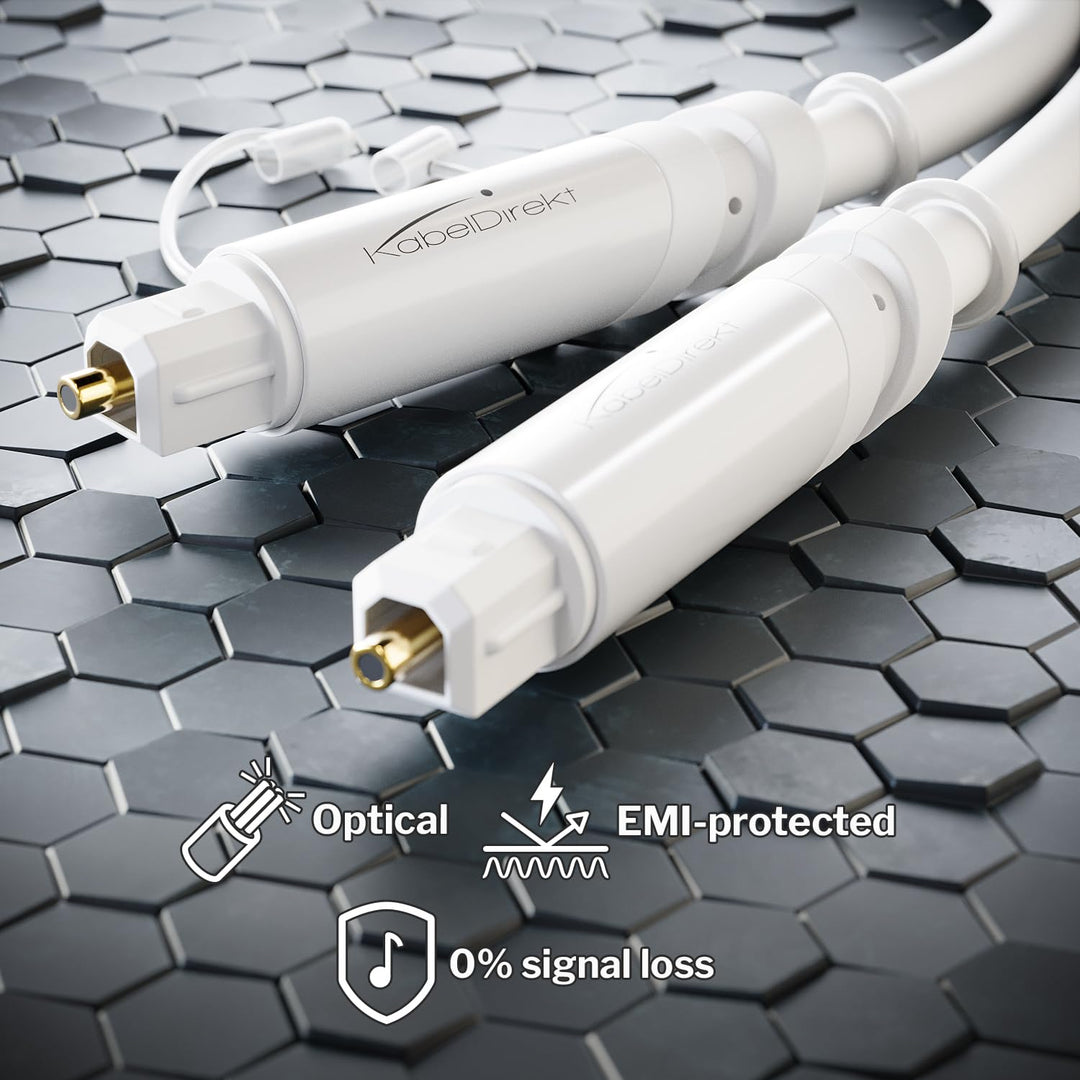 KabelDirekt Optisches Audiokabel mit 0% Signalverlust und Schutzkappe - 15m - TOSLINK weiss (Glasfas