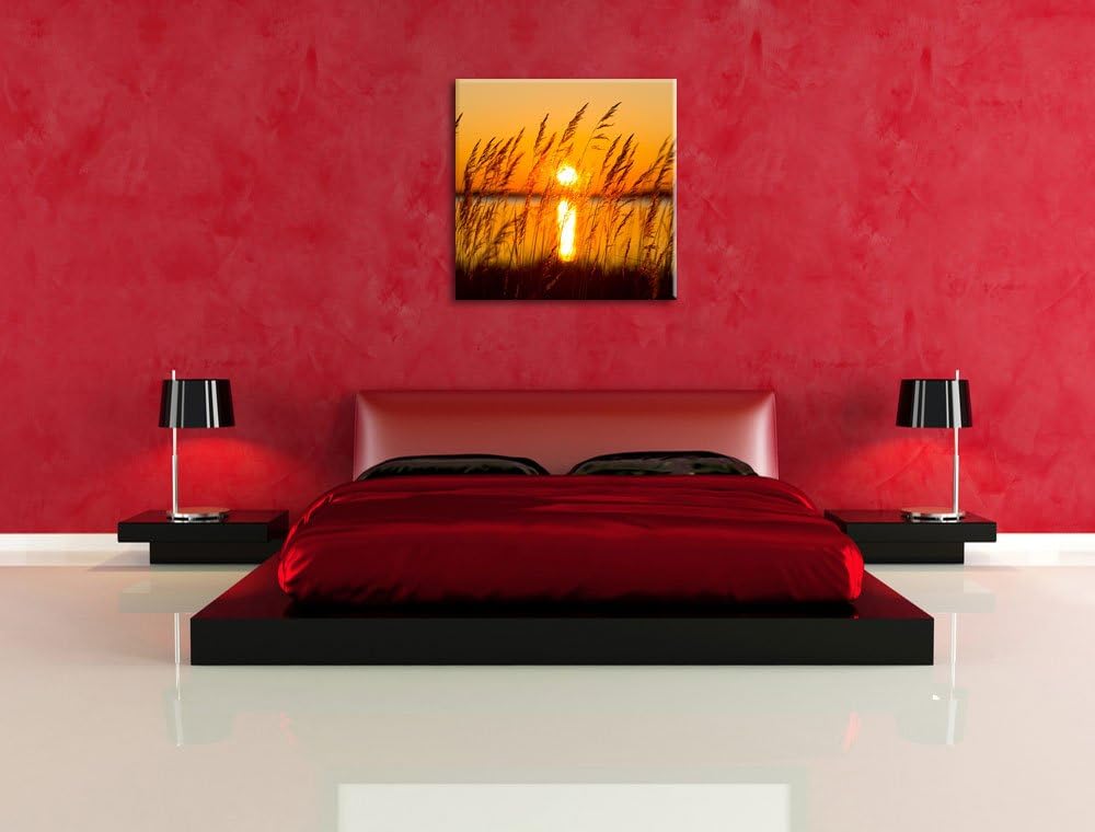 Sonne zwischen Gräsern, Format: 70x70 auf Leinwand, XXL riesige Bilder fertig gerahmt mit Keilrahmen