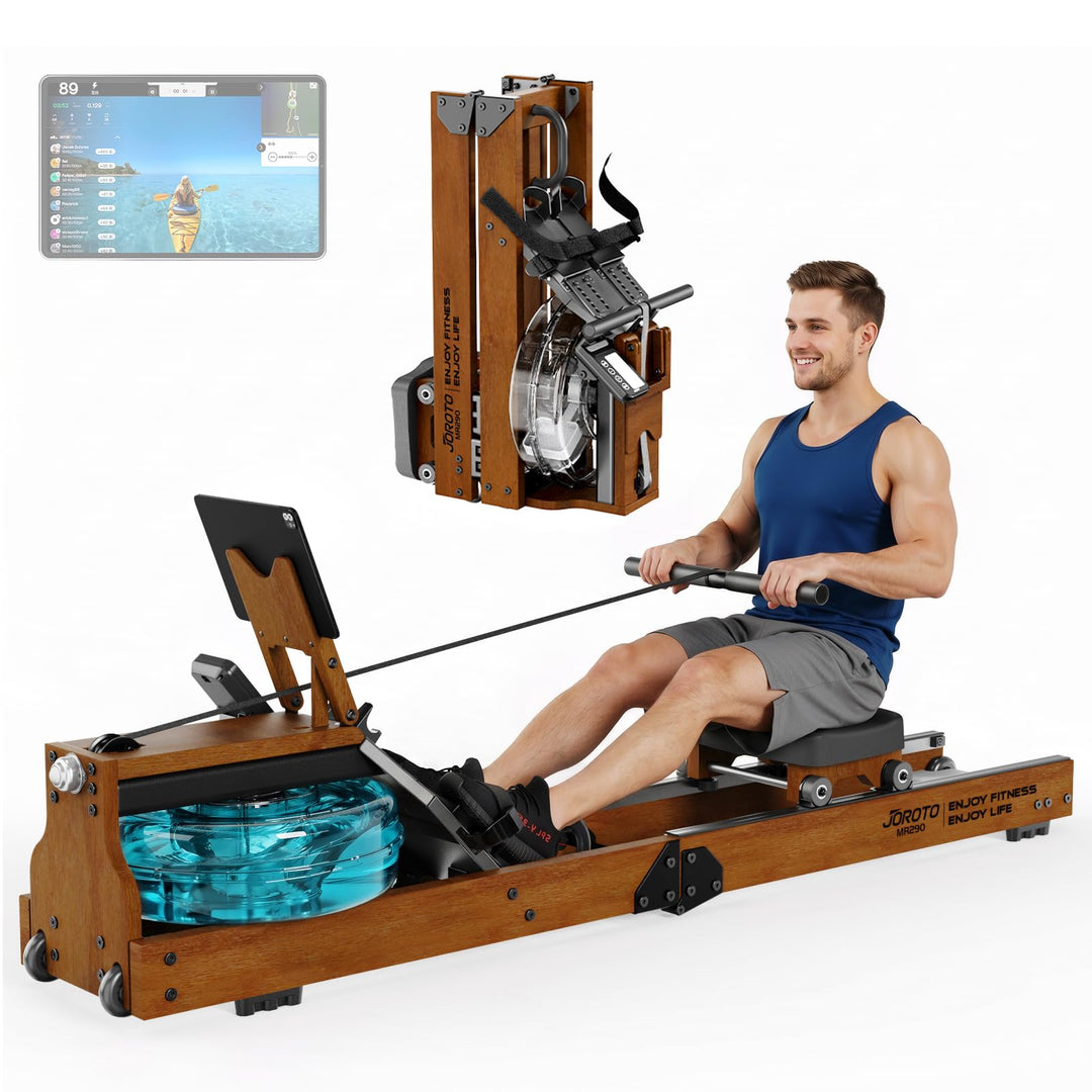 JOROTO Rudergerät für Zuhause, Holz Wasser Rudergerät Klappbar | Bluetooth-Verbindung zur Kinomap-Ap