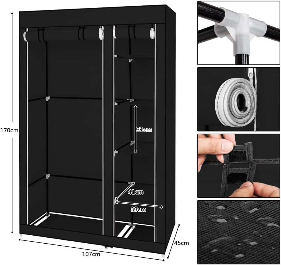 Bonnlo Kleiderschrank, 110 x 45 x 175 cm, Stoffschrank mit Kleiderstange und Ablagen Stabil, Stoffkl