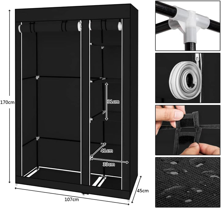 Bonnlo Kleiderschrank, 110 x 45 x 175 cm, Stoffschrank mit Kleiderstange und Ablagen Stabil, Stoffkl
