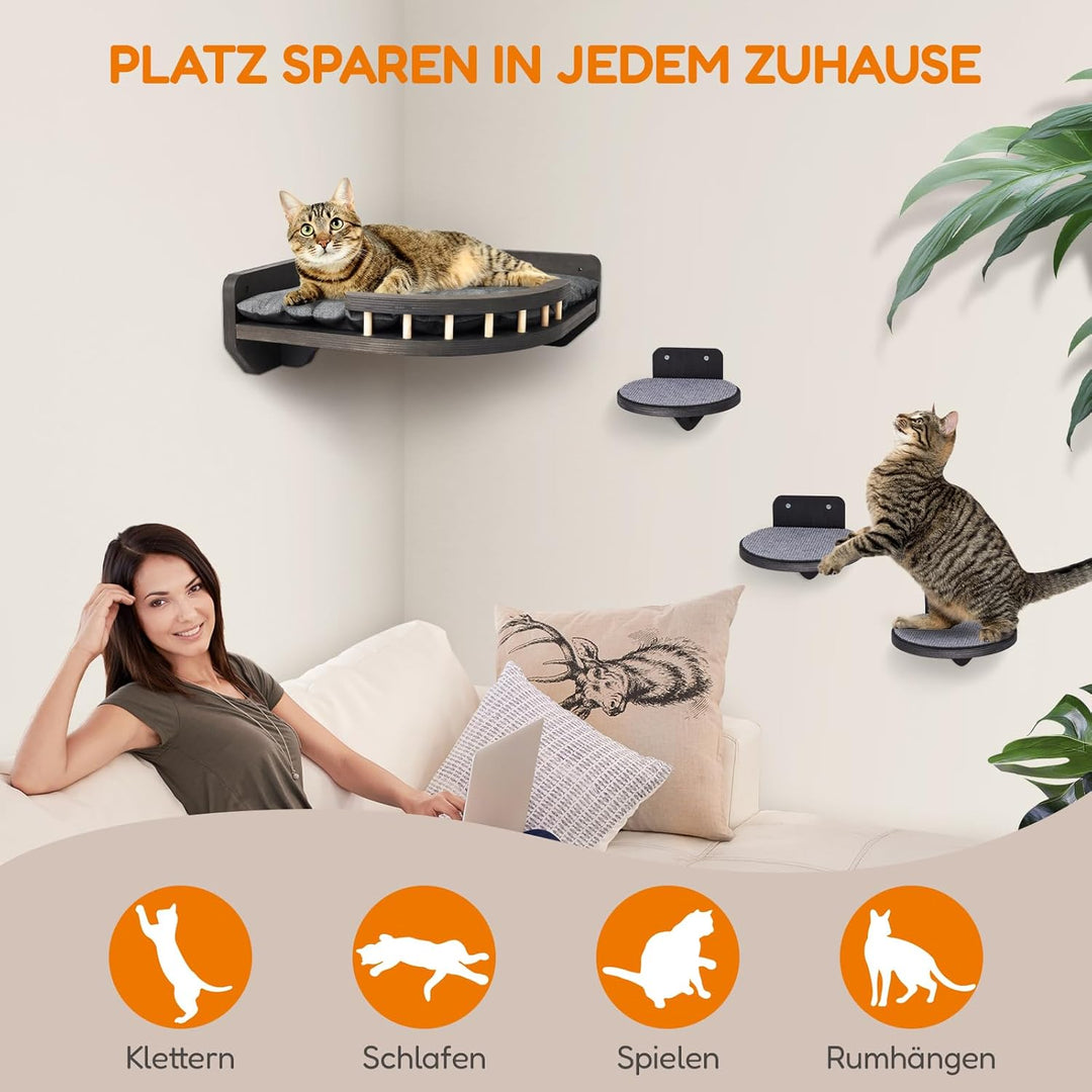 Kletterwand Katzen mit Katzenbett und 3X Katzentreppe Wand [Birkenholz] I Kratzbaum Wand I Hängematt