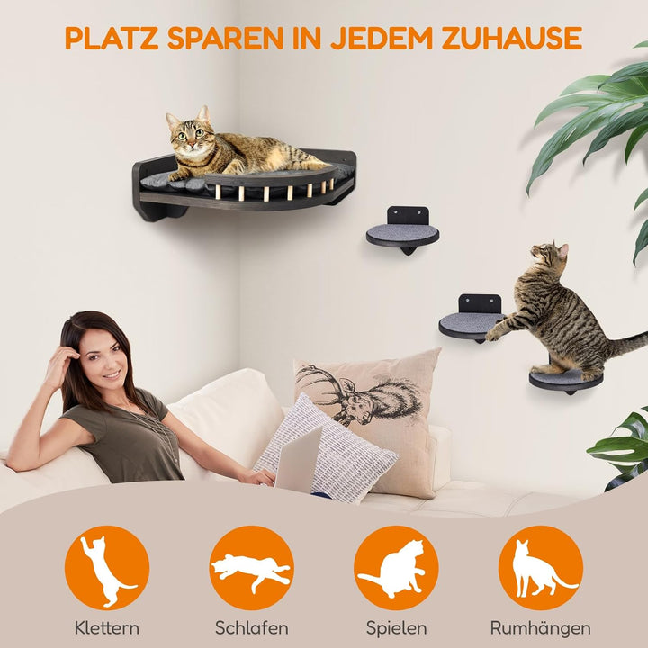 Kletterwand Katzen mit Katzenbett und 3X Katzentreppe Wand [Birkenholz] I Kratzbaum Wand I Hängematt