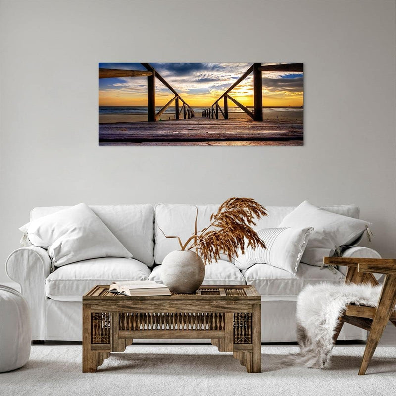 Bilder auf Leinwand 100x40cm Leinwandbild Strand Ozean Sand Holzbrücke Sonnenuntergang Gross Wanddek