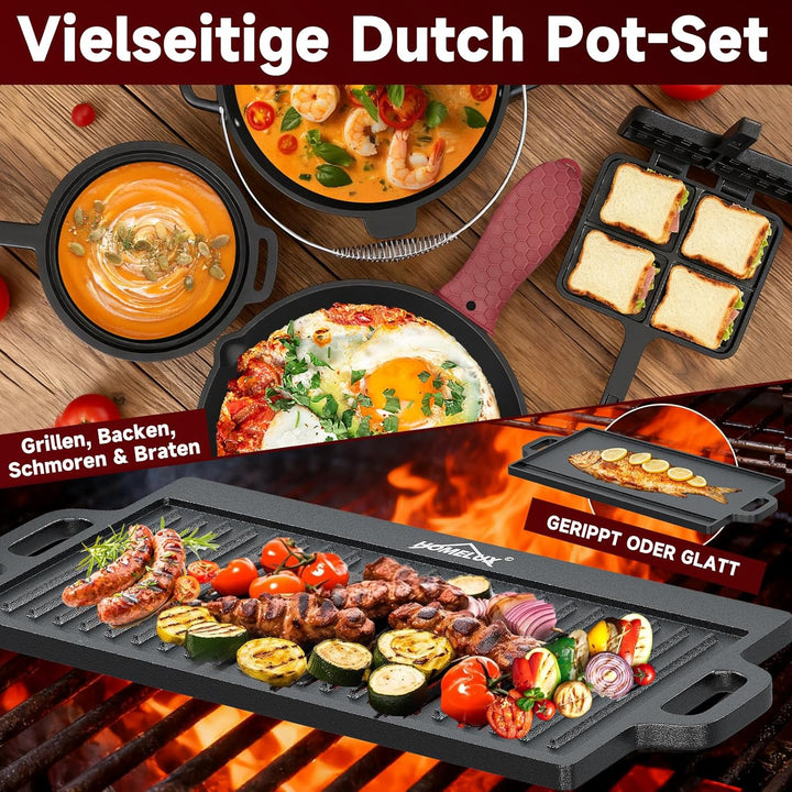 HOMELUX 12-teilig Dutch Oven Set in Holzkiste mit 4,5L Dutch Oven Topf &amp; 3,6L Saucier – Inkl. Grillp