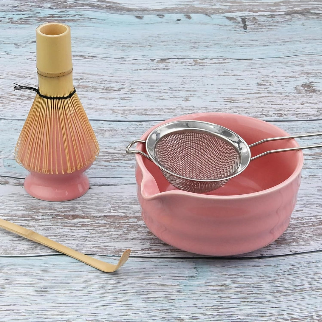 5 Stück Matcha Set, Japanisches Matcha Tee Set mit Bambusbesen, Keramik Schale mit Ausgiesser, Edels