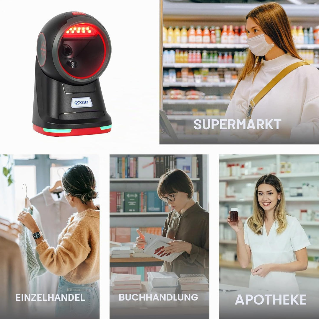 OBZ Desktop Barcode Scanner 1D 2D QR-Code | USB-Kabelgebundener Hands-Free mit Omnidirektionalem Sca