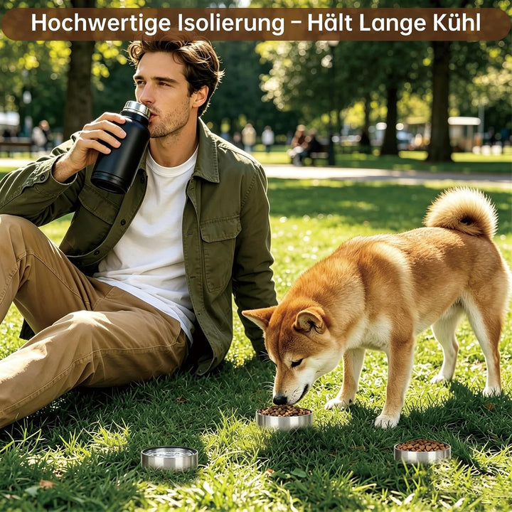 4-in-1 Trinkflasche Hunde für Unterwegs, Isolierte Edelstahl Hundetrinkflasche mit 3 Näpfen, Auslauf
