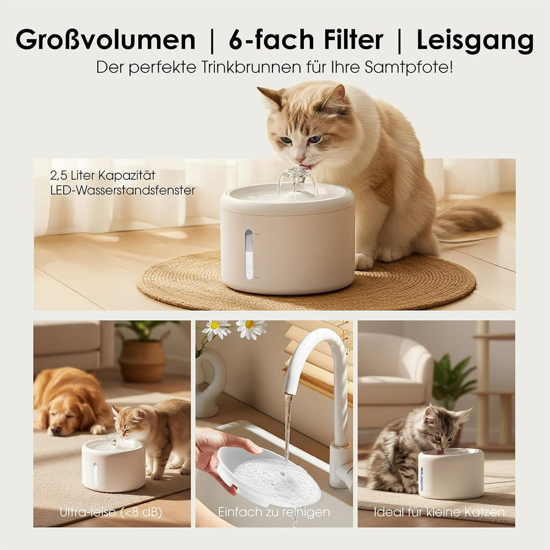 Katzenbrunnen Trinkbrunnen für Katze 2,5L Grosse Kapazität, Ultra-leise 8dB, 6-Stufen-Filtersystem m