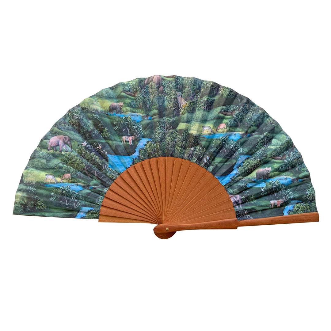 Spanischer Handfächer Libro de la Selva–Holz und Baumwolle–23 cm–Hülle und Einband aus Jute–Modeacce