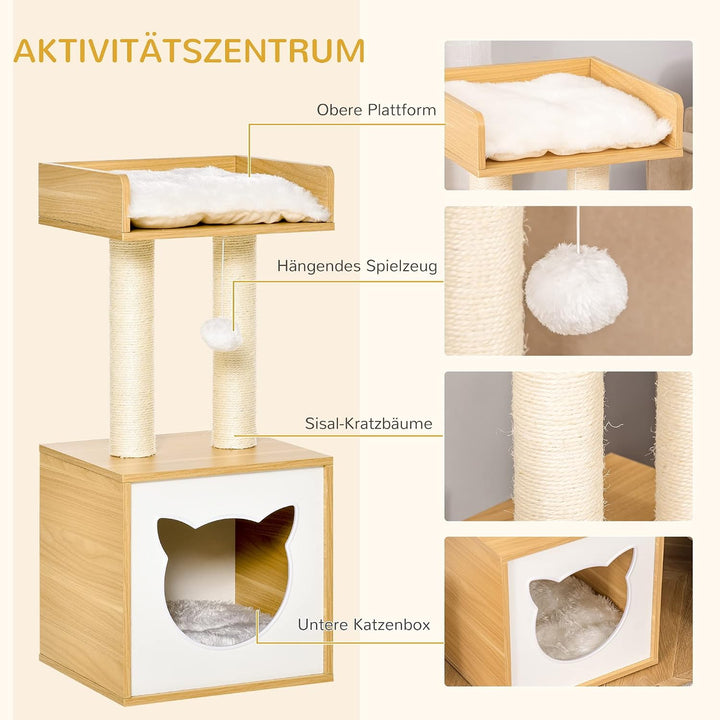 PawHut Katzenhöhle mit Waschbarem Kissen für Katzen 35 x 35 x 81 cm Eiche | Katzenbett, Plattform, K