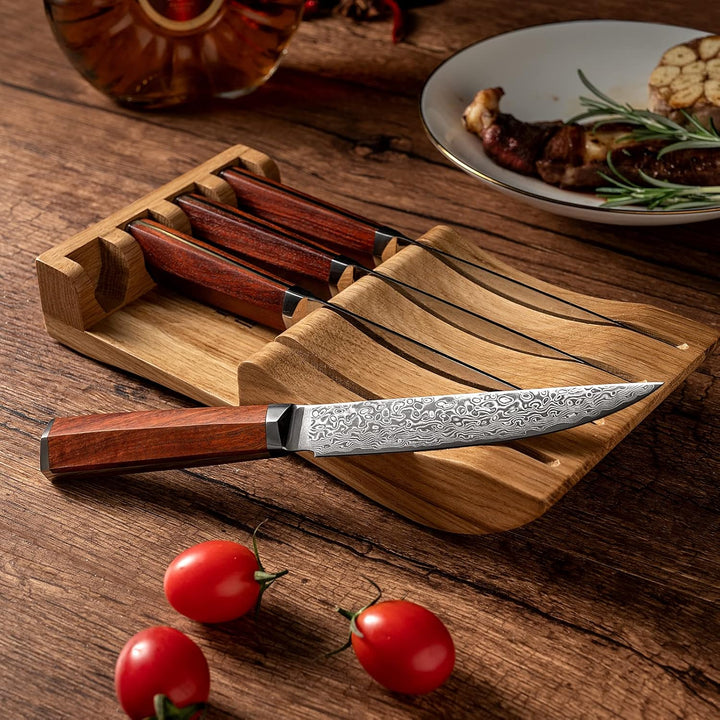 FUJUNI Steakmesser Set 4teilig, 4er Damast Steakmesser-Set Mit Extrem Scharf 12.5cm Klinge Aus 67 La