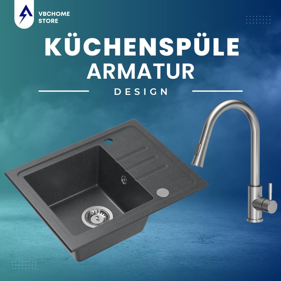 VBChome Spülbecken Granit Schwarz mit Armatur 55 x 44 cm Einzelbecken Einbauspüle Gesprenkelt Revers