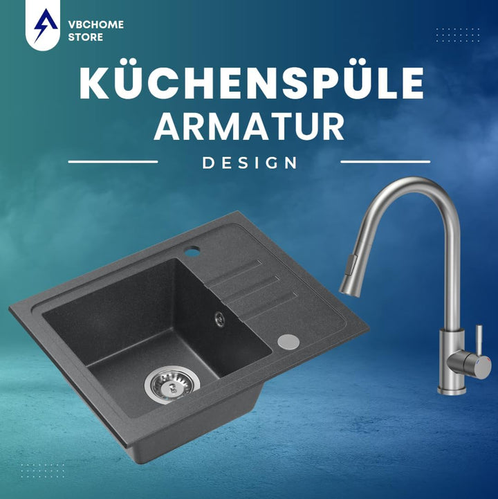 VBChome Spülbecken Granit Schwarz mit Armatur 55 x 44 cm Einzelbecken Einbauspüle Gesprenkelt Revers