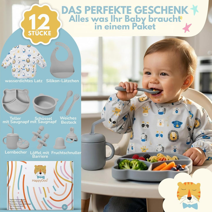 Baby Geschirrset | 12 Stücke | Baby Teller Set | Baby Geschirrset mit Saugnapf | Baby Geschirr | BPA