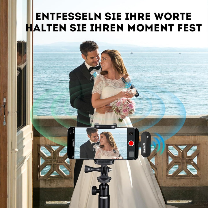 Moman Kabellos Mikrofon Handy Ansteckmikrofon für iPhone, Wireless Lavalier Mikrofon Lightning2.4GHz
