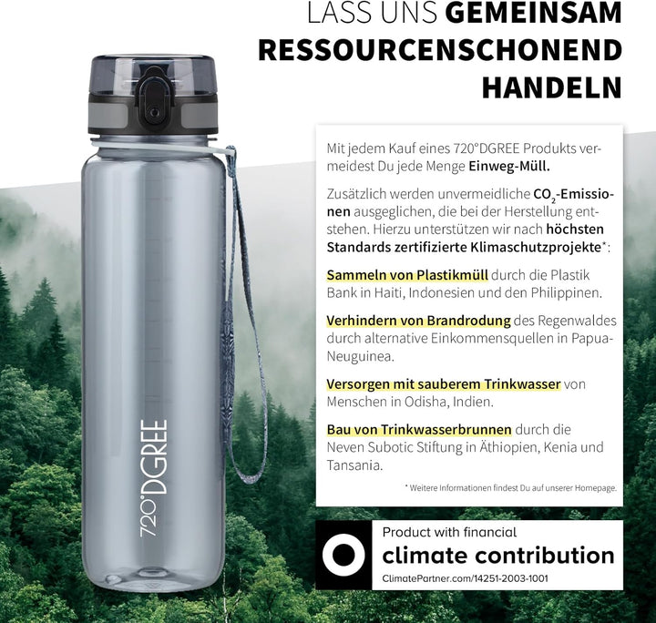 720°DGREE Trinkflasche 1l “uberBottle“ crystalClear +Sieb - BPA-Frei - Wasserflasche für Sport, Gym,