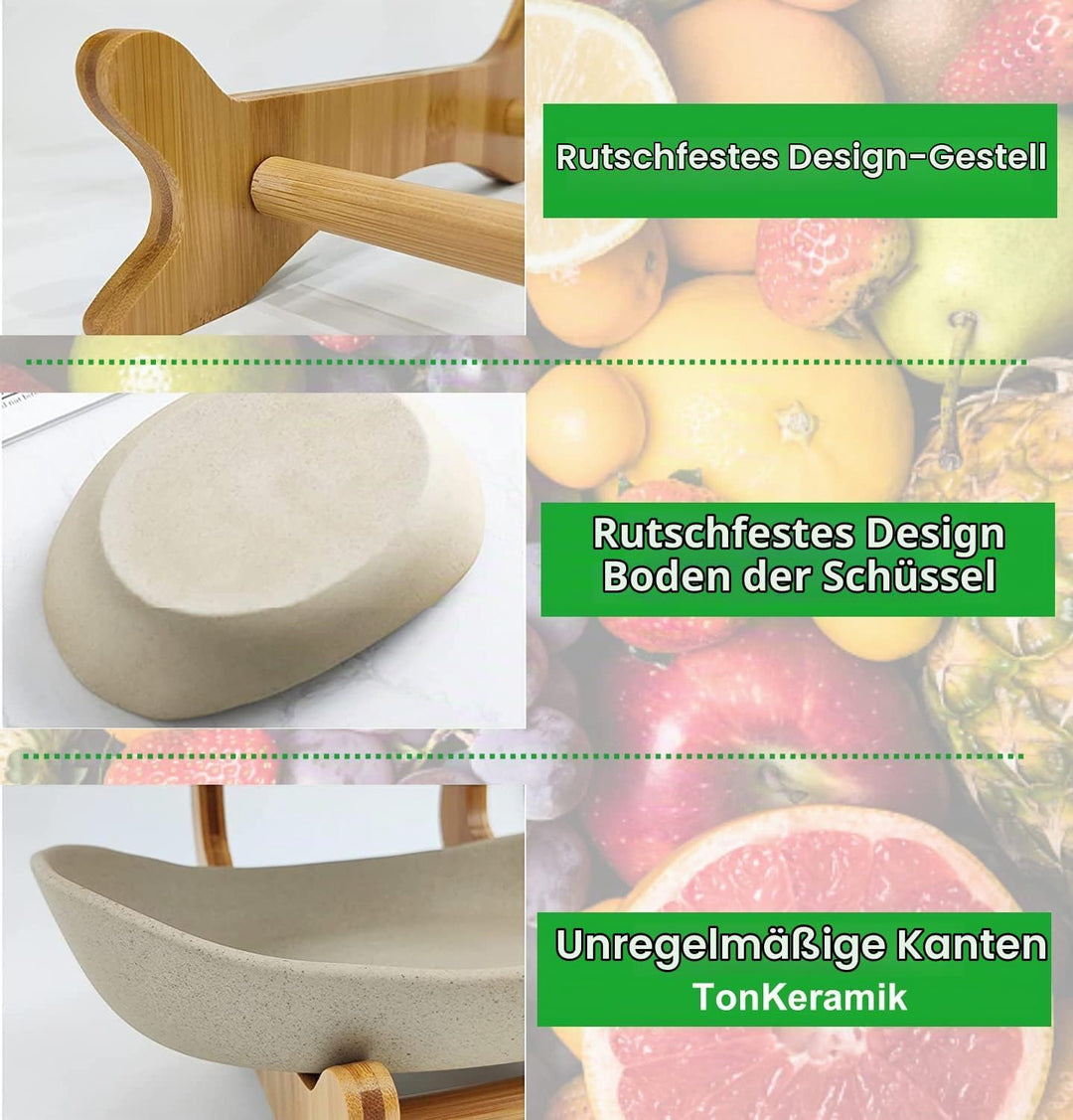 TonKeramik Obst Etagere Obstschale 3 Stöckig Porzellan Obstteller 3 Etagen mit Natürlichem Bambus St