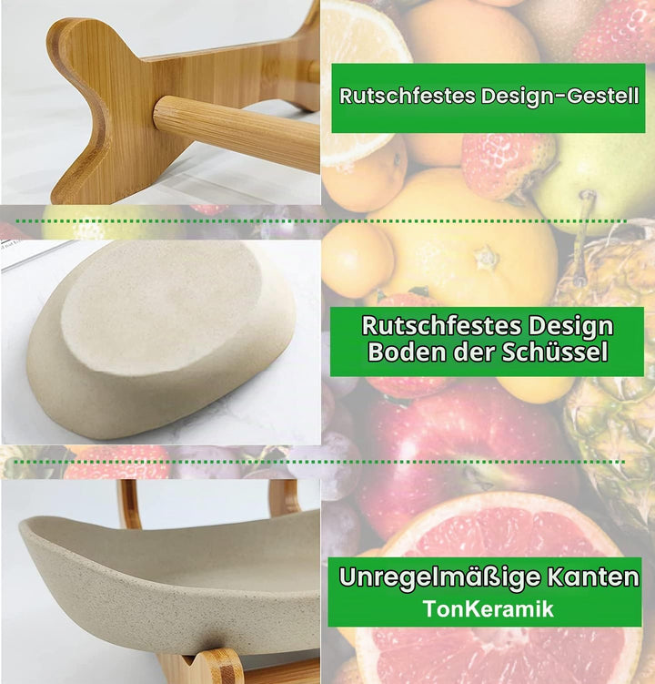 TonKeramik Obst Etagere Obstschale 3 Stöckig Porzellan Obstteller 3 Etagen mit Natürlichem Bambus St