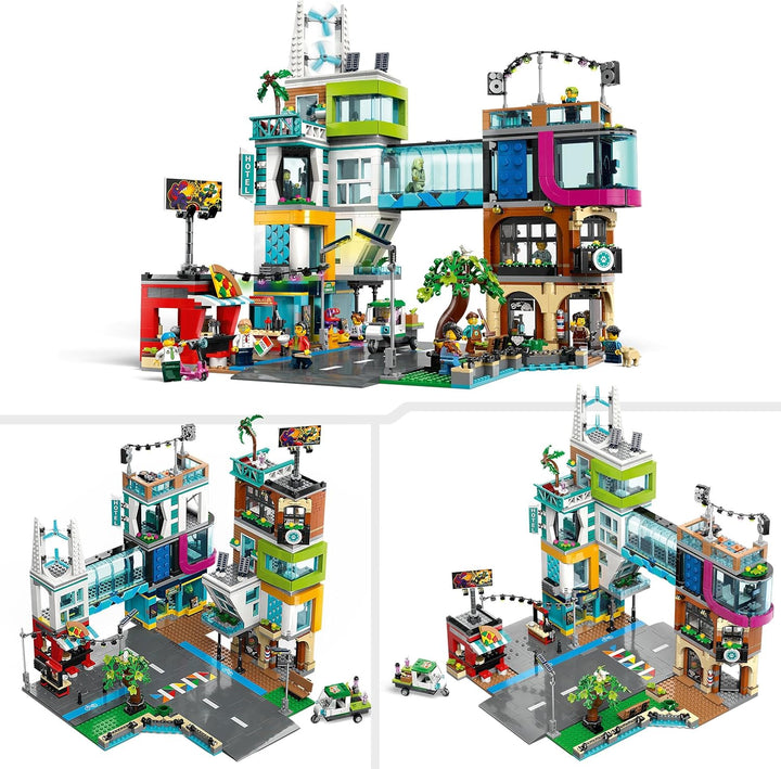 LEGO 60380 City Stadtzentrum Set, Modellbausatz, Spielzeug mit Spielzeugläden wie Friseur, Tierarzt,