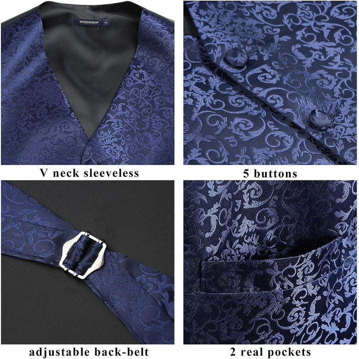 HISDERN Herren FLoral Hochzeit Weste Krawatte Einstecktuch Taschentuch Jacquard Weste Anzug Set S Ma