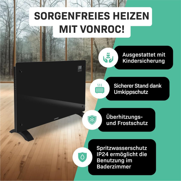 VONROC Elektroheizung energiesparend 2000W - Konvektor Heizung [24qm Räume] - Mobile Elektrische Hei