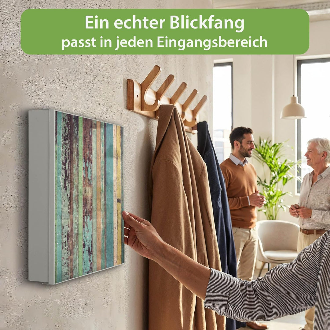 banjado® Grosser Schlüsselkasten Glas/Schlüsselbox 30cm x 30cm mit 50 Haken - Motiv Bunte Bretterwan