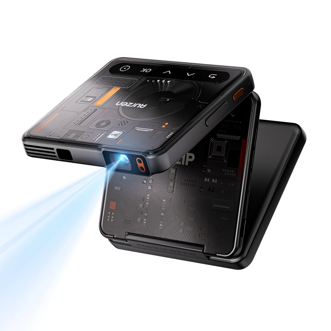 Aurzen Zip Cyber Edition Tri-Fold Mini Beamer mit 5000 mAh Akku, 4K Unterstützt Smart Beamer Klein T