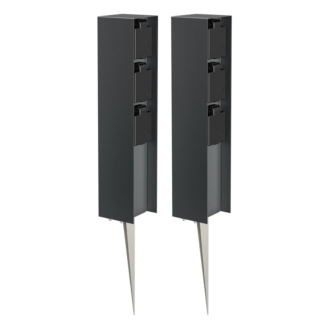 ledscom.de 2 Stück Garten-Steckdosen-Säule POMI mit Erdspiess für aussen, IP44, 3-Fach, anthrazit, e