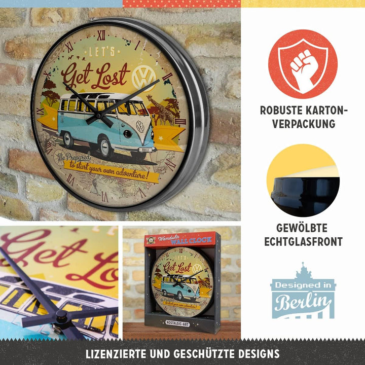 Nostalgic-Art Retro Wanduhr, Ø 31 cm, VW Bulli – Let's Get Lost – Volkswagen Bus Geschenk-Idee, Gros