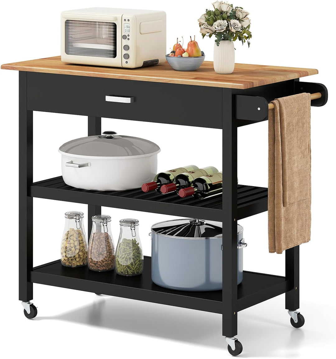 COSTWAY Küchenwagen, Mobile Kücheninsel mit Arbeitsplatte, 3-stöckiger Küchenrollwagen mit 2 offenen