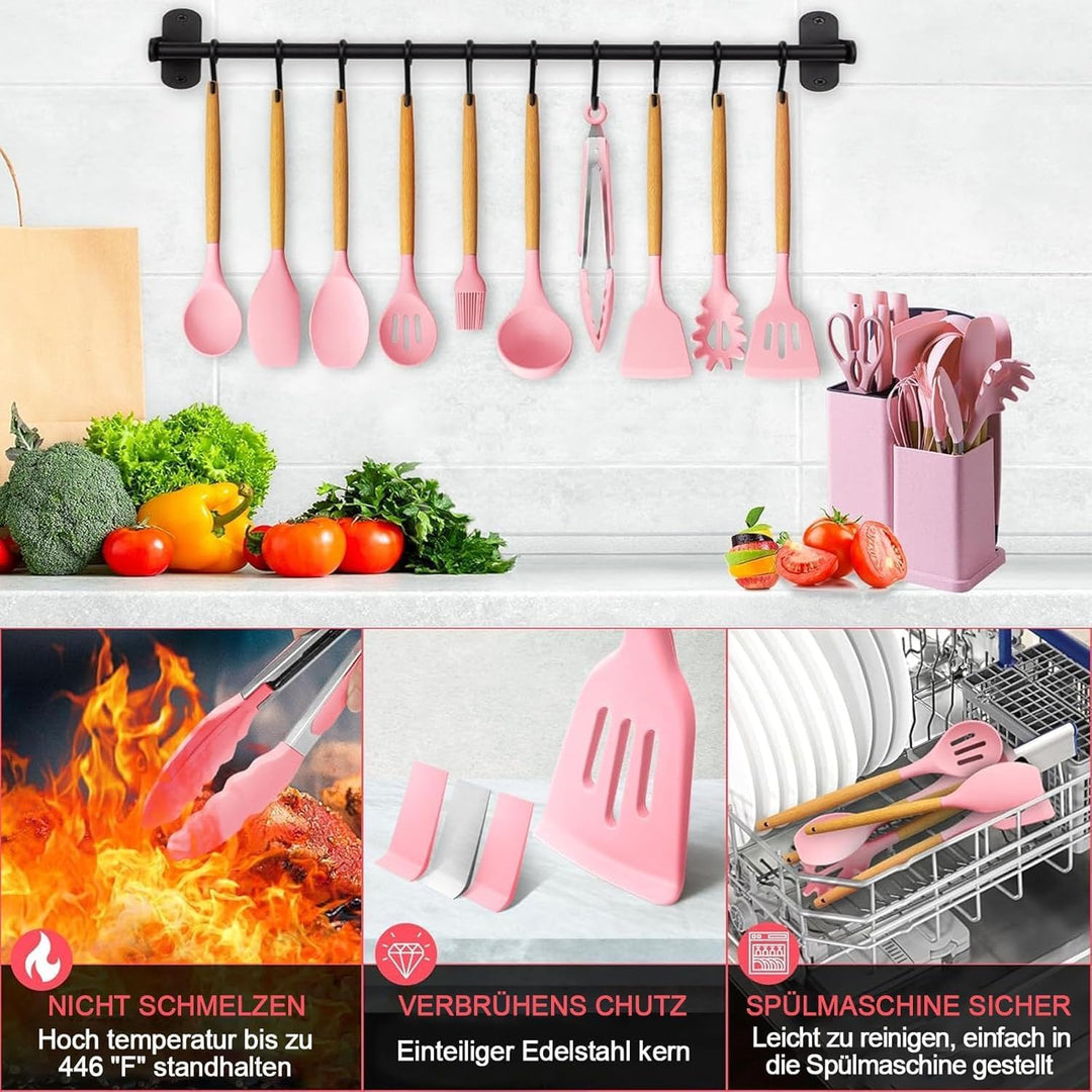Kochutensilien Set, 19 PCS Silikon Küchenutensilien Mit Halter Und Küchenmesser Zum Kochen, Antihaft