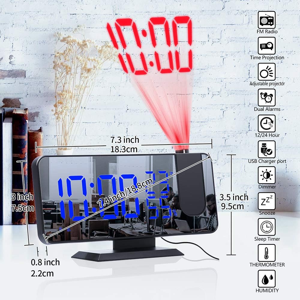 YUNYODA Projektionswecker, digitaler LED-Wecker mit Spiegeloberfläche, USB-Ladeanschluss, Schlummerf