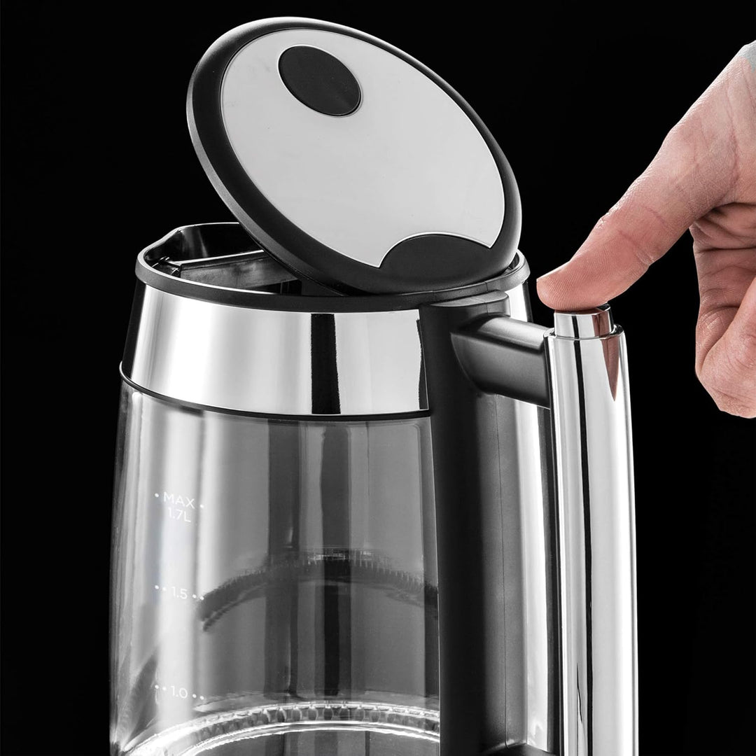 Russell Hobbs Wasserkocher Glas Design [1,7l, 2200W] Elegance - polierten Edelstahl-Applikationen (b
