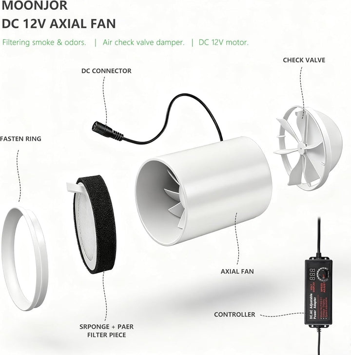 100mm Inline Kanalventilator, DC 12V Extraktor Axiallüfter Kit mit 2-Meter Kanalschlauch, Regler für