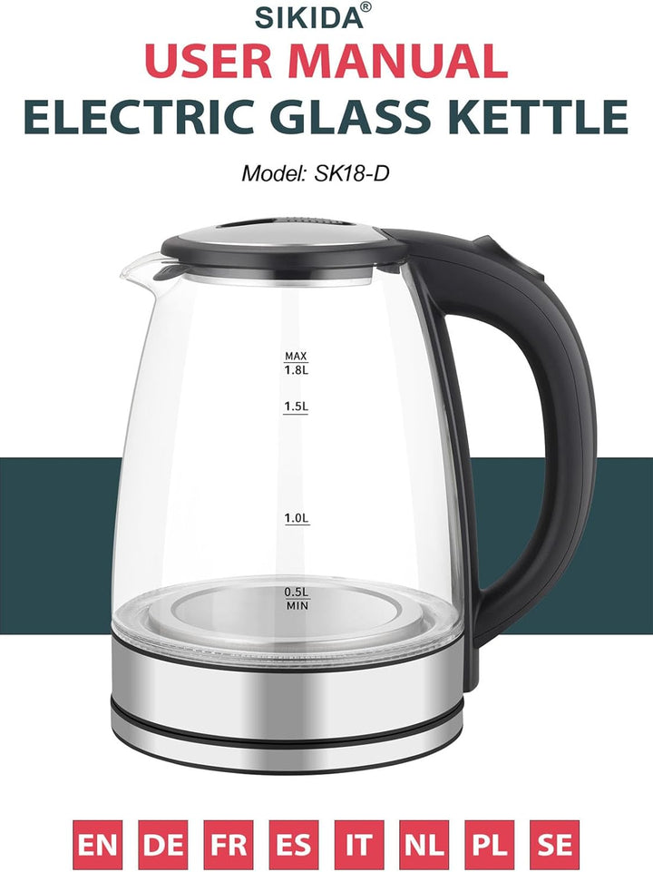 Glas Wasserkocher 1,8L - sehr leise - zertifiziert BPA-frei, 360° drehbare Basis, LED-Beleuchtung, B